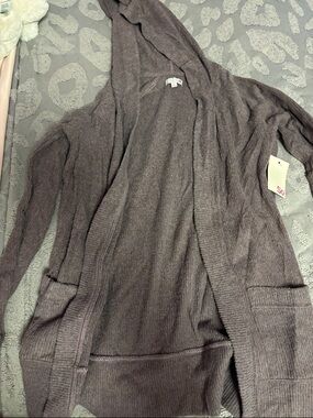 SO Hooded Open-Front Cardigan in Mauve Gray
